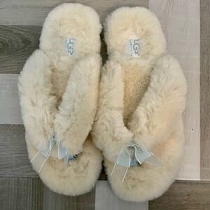 UGG Cream Sheepskin Fluff Slide Sandals with Bow Accent
